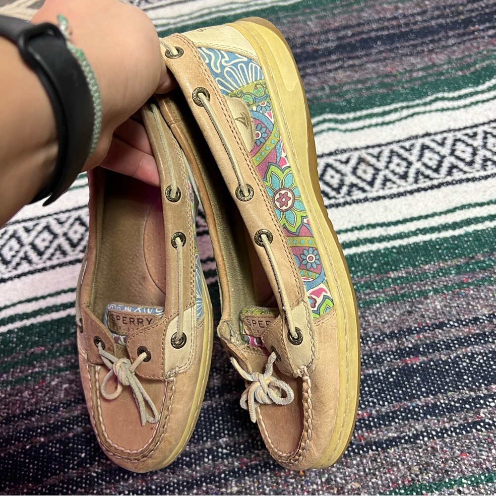 Sperry Tan Floral Canvas Boat Shoes Flats
